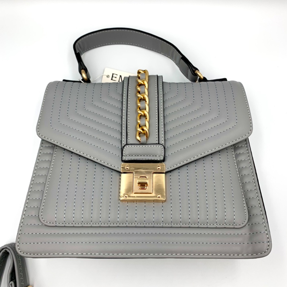 Cashmere Grey gold-tone chain top handle quilted satchel crossbody shoulder bag - Picture 2 of 15